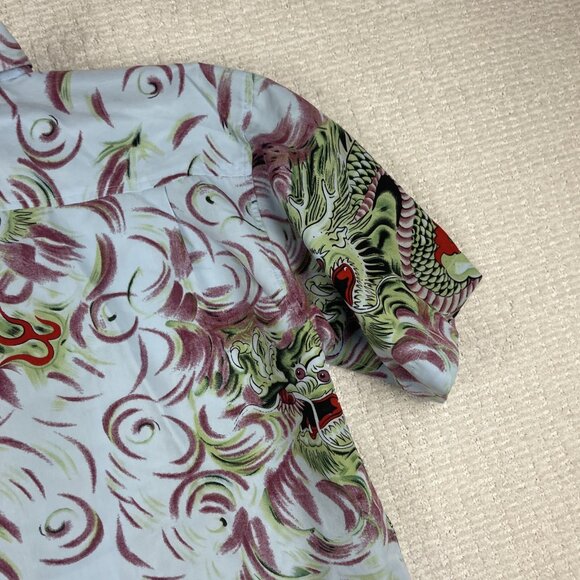 Y2K Claudio Nucci Trippy Flames Dragon AOP  Button Shirt Men Sz L Blue / Green - Picture 15 of 16